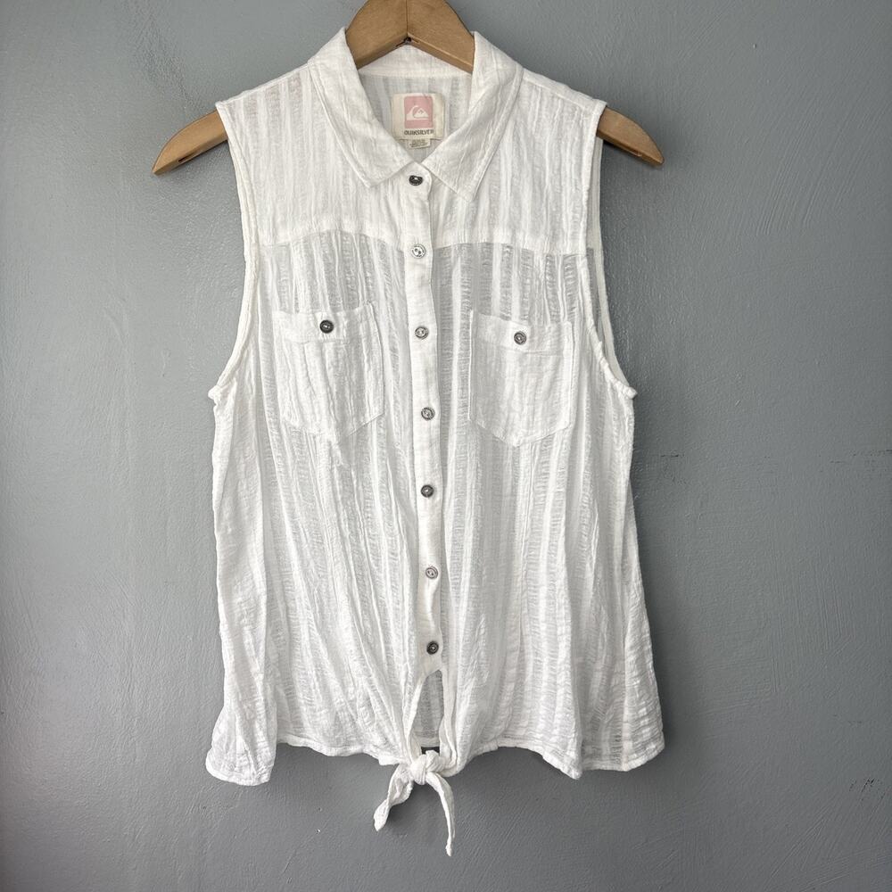 Quiksilver Gauze Top Size Medium White Sheer Tie Front Beach Coastal Summer Vaca